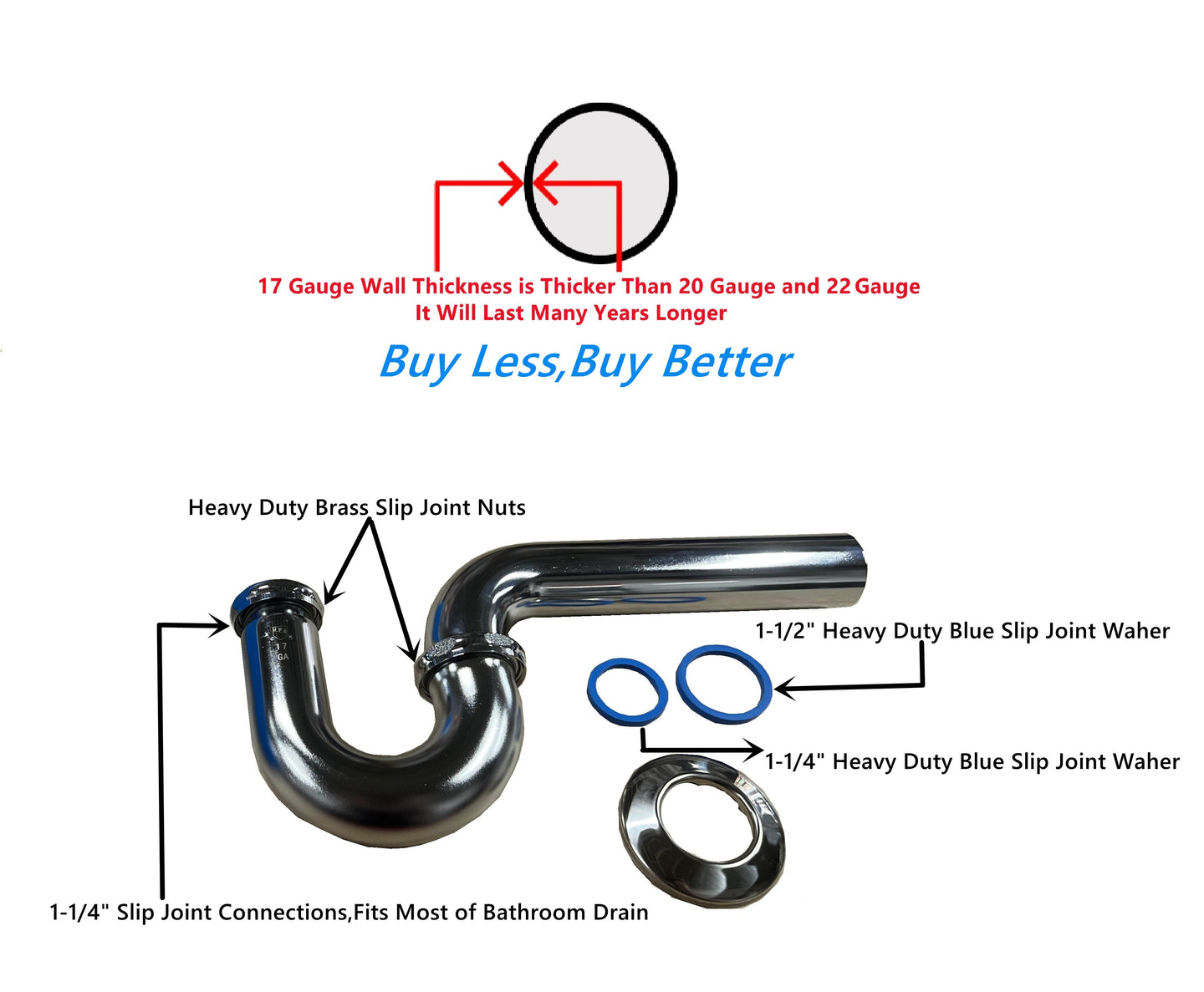 EZ-Fluid 1-1/2" X 1-1/4" Heavy Duty 17GA Brass P-TRAP w/ Brass Nuts Drain Chrome Plated | EZ-Fluid Plumbing Parts & Hardware