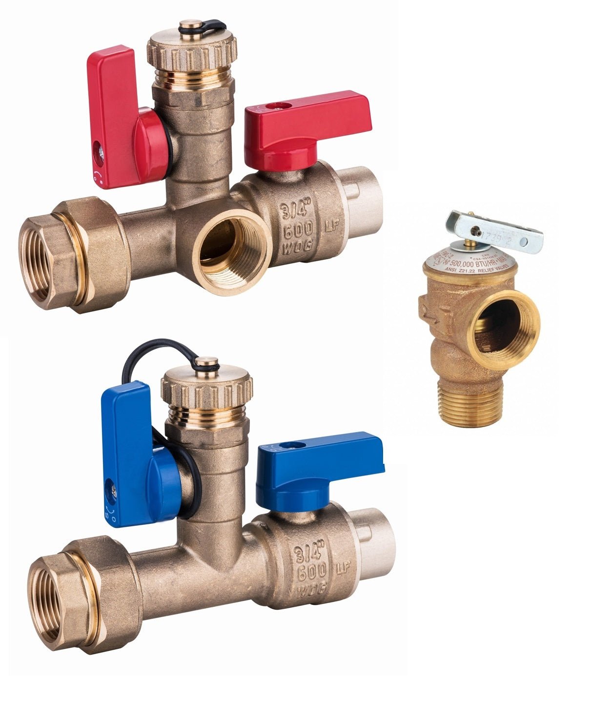 EZ-Fluid 3/4" FIP Union x 3/4" Sweat, Tankless Water Heater Service Valve Kit (Cold & Hot) , Includes 3/4" IPS Pressure Relief Valve Brass BRASS | EZ-Fluid Plumbing Parts & Hardware