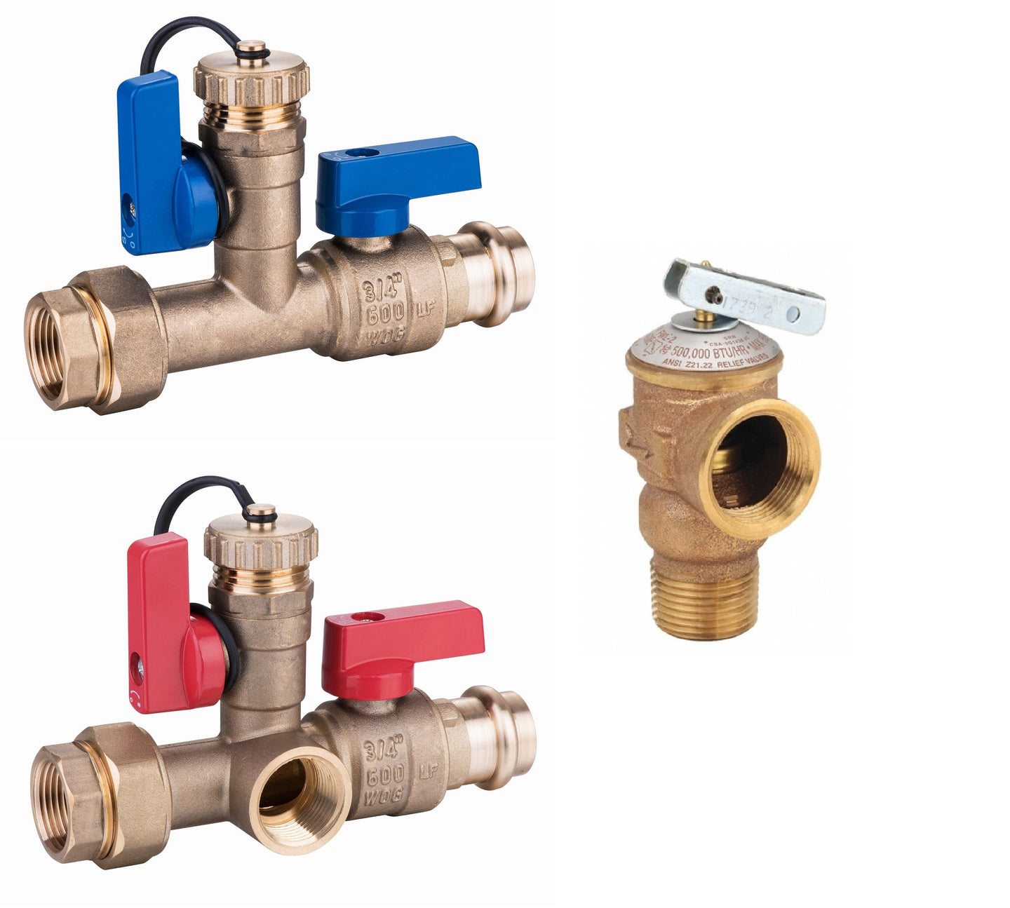 EZ-Fluid 3/4" FIP Union x 3/4" Press, Tankless Water Heater Service Valve Kit (Cold & Hot) , Includes 3/4" IPS Pressure Relief Valve Brass BRASS | EZ-Fluid Plumbing Parts & Hardware