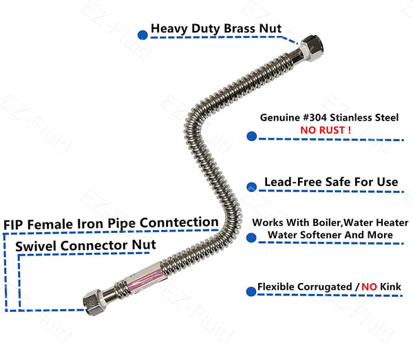 EZ-Fluid 1-1/4"FIP X 1"FIP X 24" Full Port S.S. Corrugated Water Heater Supply Line Connector | EZ-Fluid Plumbing Parts & Hardware 