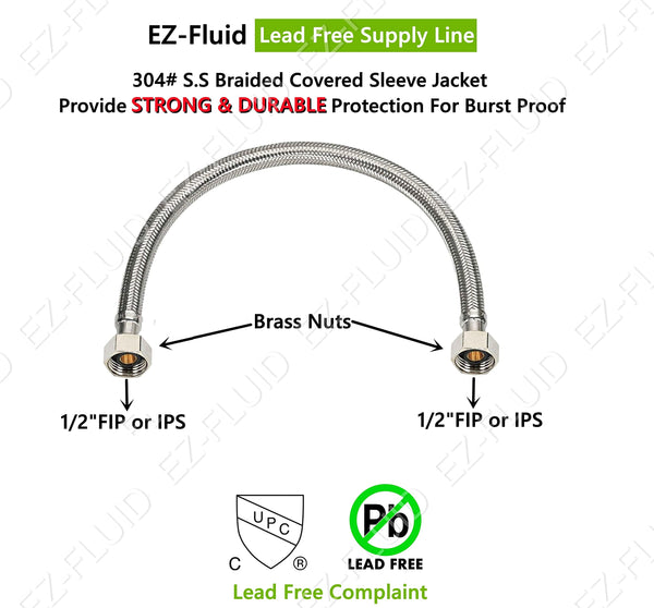 EZ-Fluid   1/2" FIP X 1/2" FIP X 30", Faucet Supply Line Connector | EZ-Fluid Plumbing Parts & Hardware 