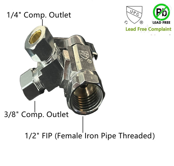 EZ-Fluid 1/2" FIP X 3/8"OD Comp X 1/4"  OD Comp,Dual Outlet 1/4 Turn Angle Stop | EZ-Fluid Plumbing Parts & Hardware 