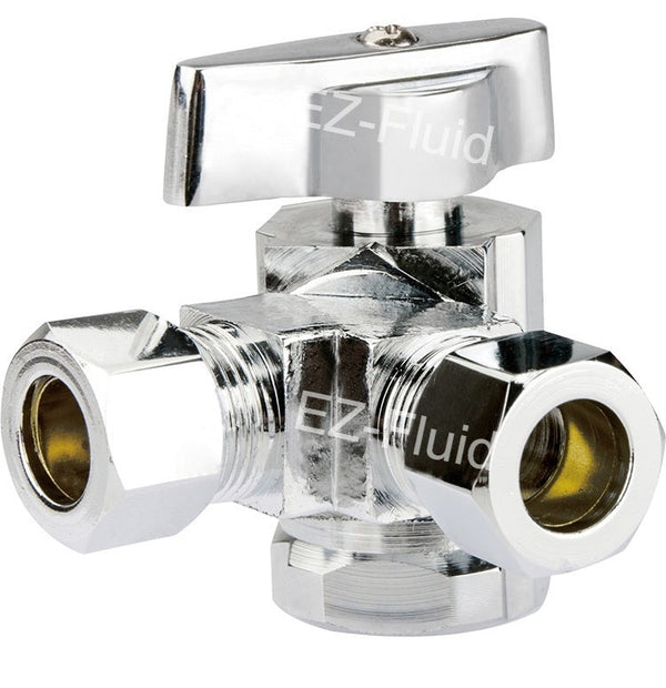 EZ-Fluid 1/2" FIP X 3/8"OD Comp X 1/4"  OD Comp,Dual Outlet 1/4 Turn Angle Stop | EZ-Fluid Plumbing Parts & Hardware 