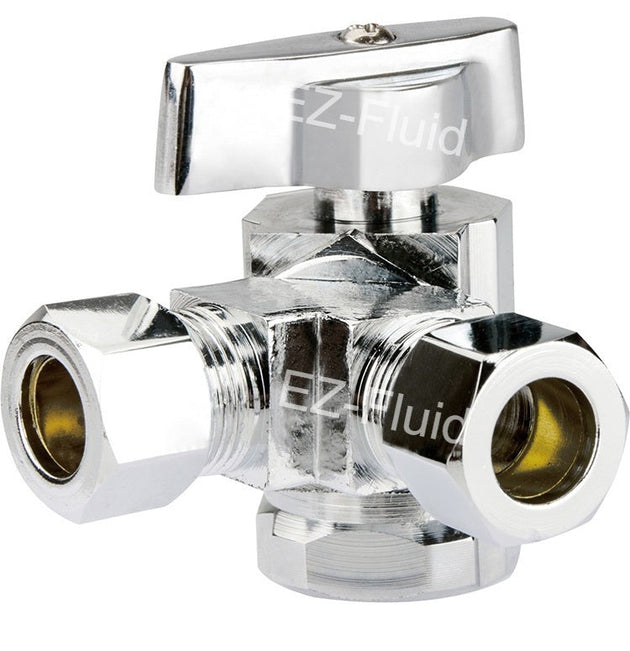 EZ-Fluid 1/2" FIP X 3/8"OD Comp X 1/4"  OD Comp,Dual Outlet 1/4 Turn Angle Stop | EZ-Fluid Plumbing Parts & Hardware 