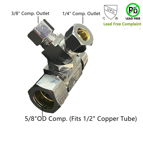 EZ-Fluid 5/8"ODX3/8"ODX1/4" OD Comp,Dual Outlet 1/4 Turn Angle Stop | EZ-Fluid Plumbing Parts & Hardware 