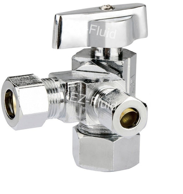 EZ-Fluid 5/8"ODX3/8"ODX1/4" OD Comp,Dual Outlet 1/4 Turn Angle Stop | EZ-Fluid Plumbing Parts & Hardware 