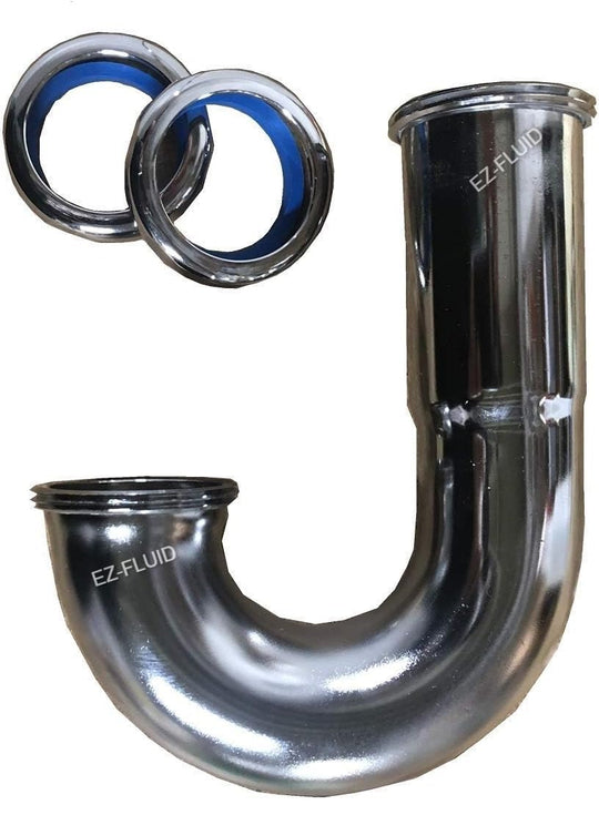 EZ-Fluid High Inlet sink Brass J-BEND 1-1/2" 17GA w/ Brass Nuts Chrome Plated | EZ-Fluid Plumbing Parts & Hardware