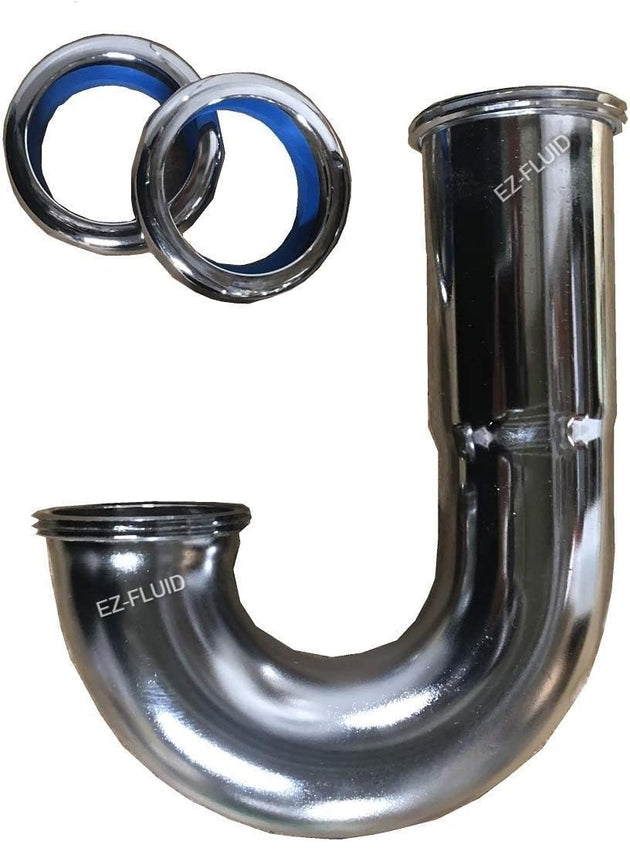 EZ-Fluid High Inlet sink Brass J-BEND 1-1/2" 17GA w/ Brass Nuts Chrome Plated | EZ-Fluid Plumbing Parts & Hardware