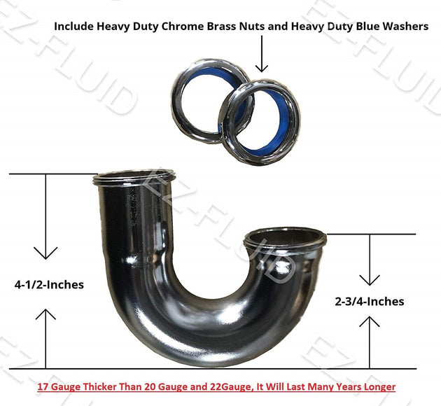 EZ-Fluid Low Inlet sink Brass J-BEND 1-1/2" 17GA  w/ Brass Nuts Chrome Plated | EZ-Fluid Plumbing Parts & Hardware