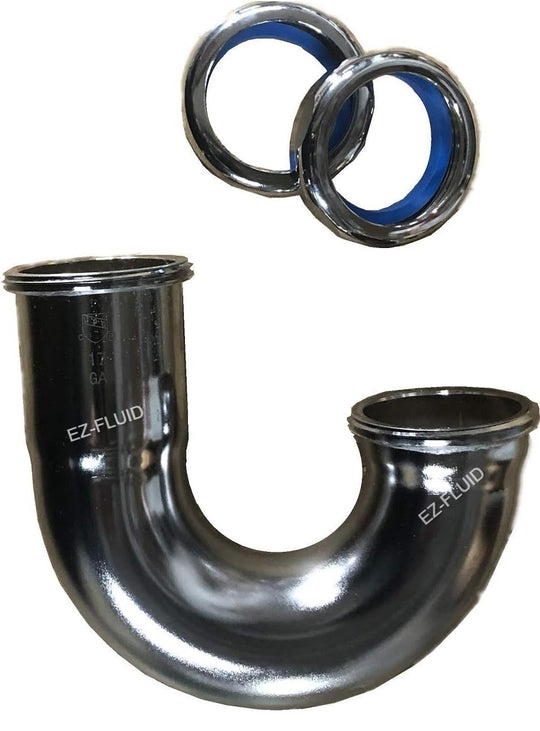 EZ-Fluid Low Inlet sink Brass J-BEND 1-1/2" 17GA  w/ Brass Nuts Chrome Plated | EZ-Fluid Plumbing Parts & Hardware